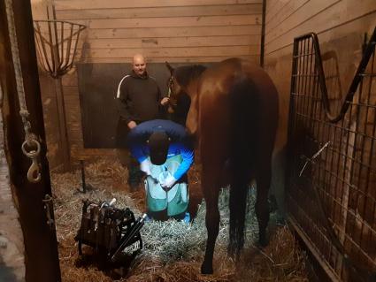 Blu Candy getting new shoes at Penn National on January 9, 2020 (Mark Salvaggio)