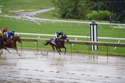 Life on the Edge, with Paco Lopez up, runs a game second in race 1 at Monmouth Park on August 29, 2020