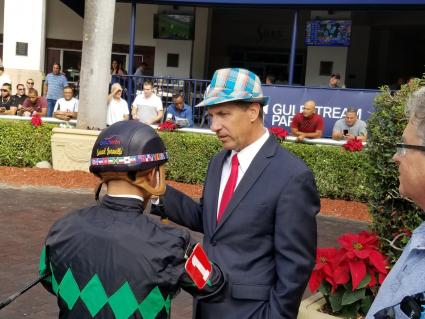 Kelly Breen and Emisael Jaramillo in the paddock for Solar running in race 4 at Gulfstream Park on December 1, 2019 (Paul Callahan)