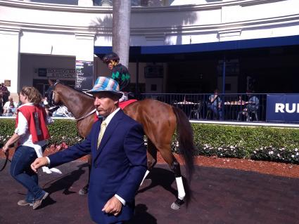 Solar, with Emisael Jaramillo getting a leg up from Kelly Breen, wins race 7 at Gulfstream Park on March 11, 2020 (Robb Levinsky)