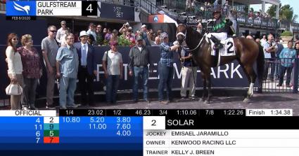 Solar wins race 4 at Gulfstream Park on Saturday, February 8, 2020